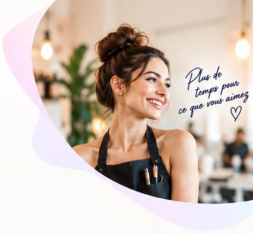 Smiling hairdresser in an apron in her salon — “More time for what you love”